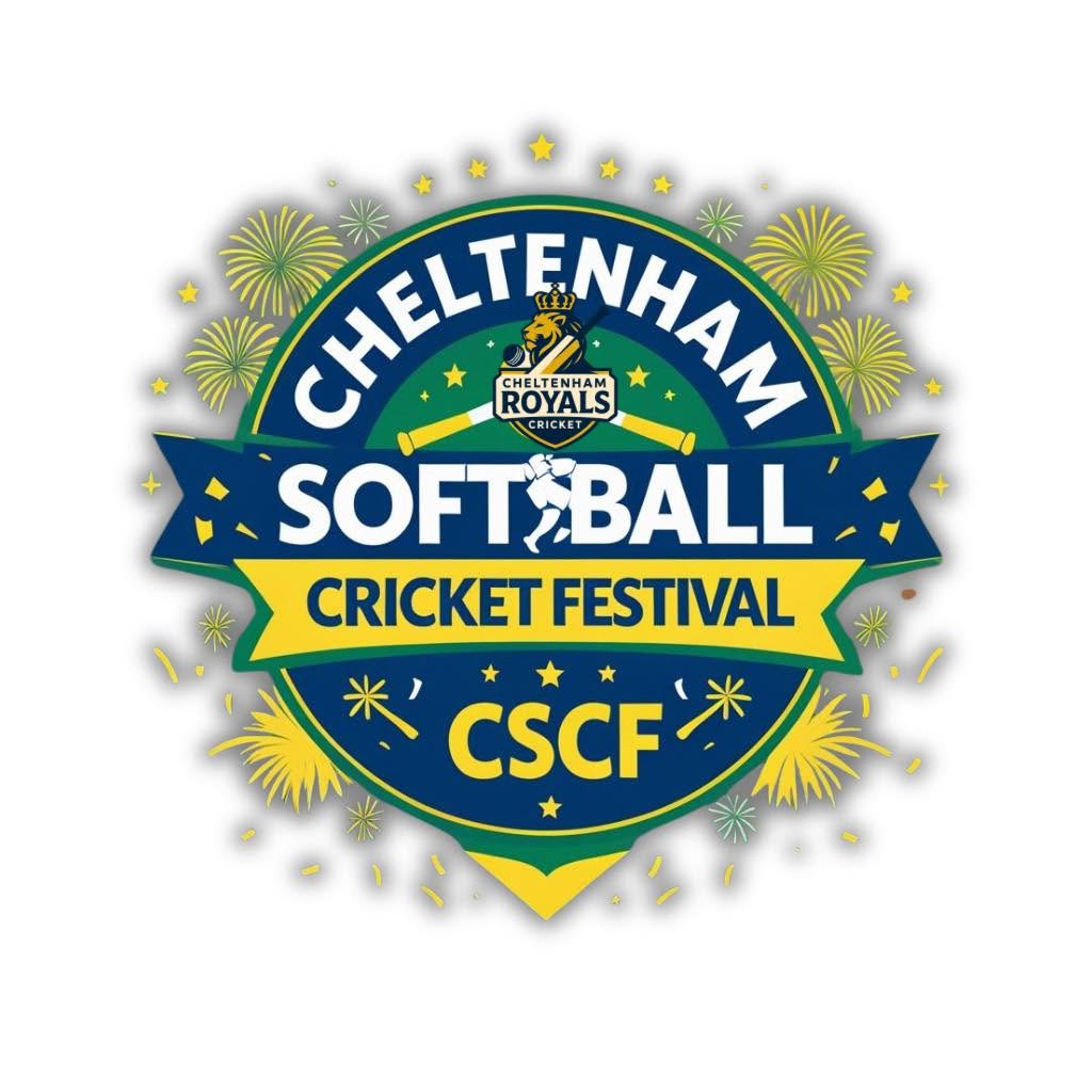 Cheltenham Softball Cricket Festival crest with fireworks and the Cheltenham Royals logo